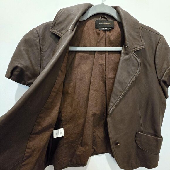BCBGMAXAZRIA Women's Brown Leather Short Sleeve Tailored Blazer Jacket Large - Picture 10 of 14